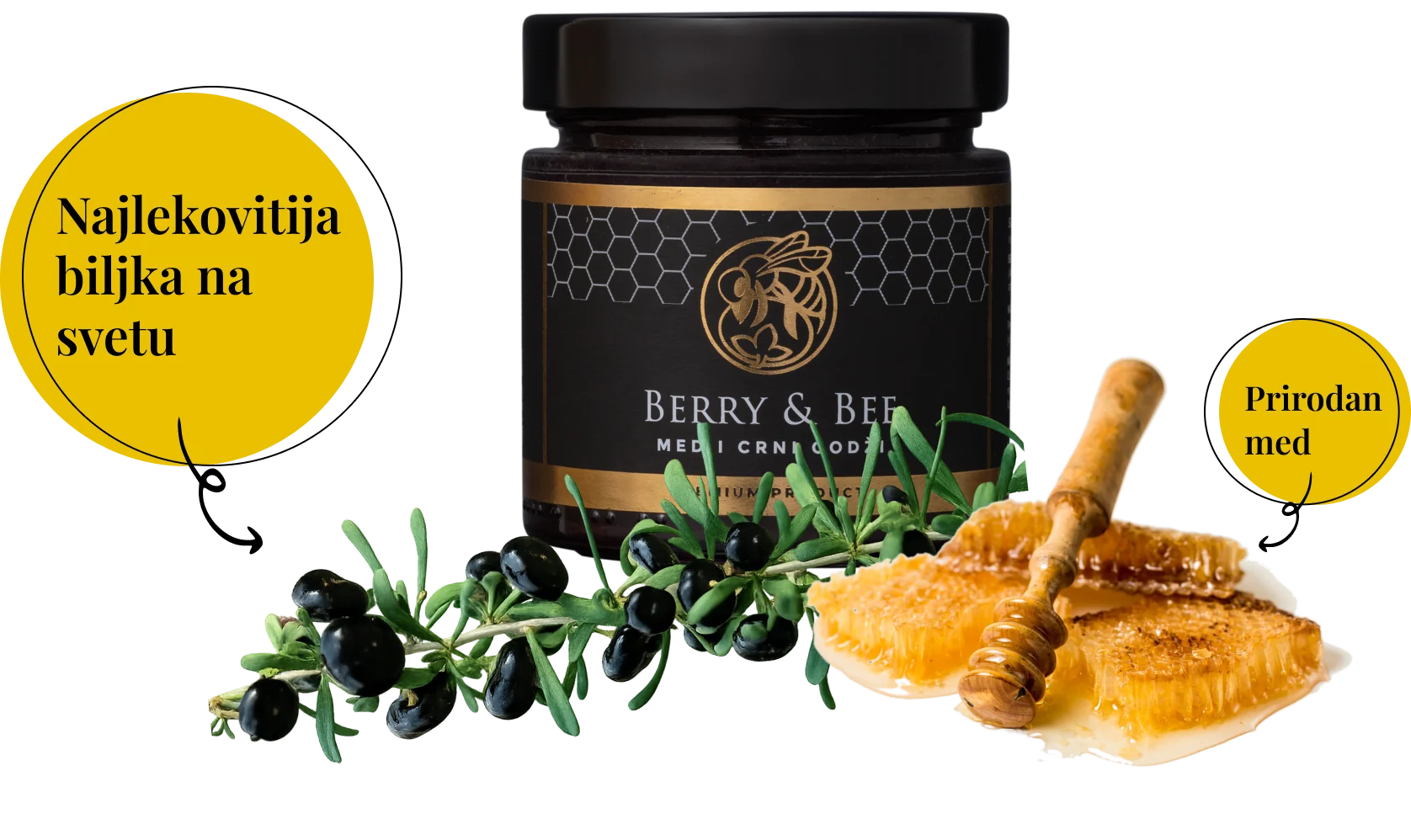 Berry & Bee tegla meda, med u saću i grana crnog godžija